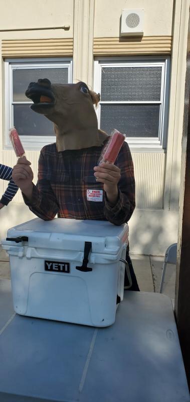 Horsey Horseshoe, local LB influencer, paid RMS a visit on 11/5/2019 to help with Mustang Drive by handing out ice pops!